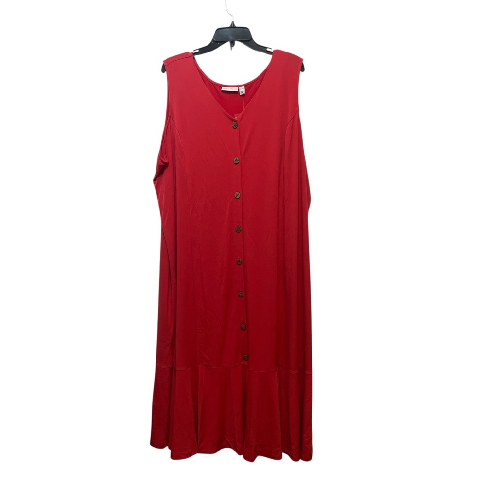 Susan Graver Dress Womens 4XP Red Liquid Knit Sleeveless Button Front Ruffled
